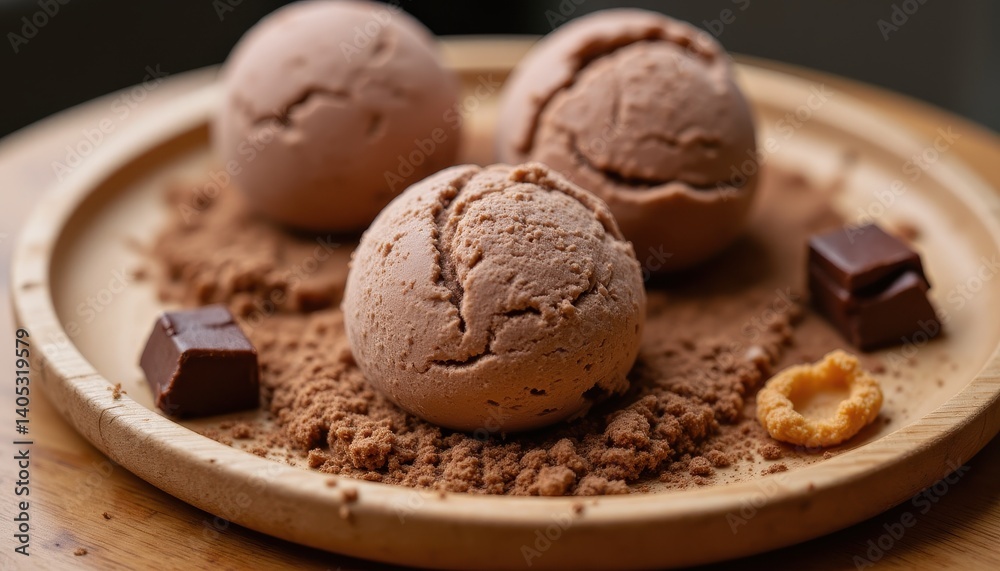 Indulging in Gourmet Chocolate Ice Cream Delight Cozy Cafe Food Photography Rustic Setting Close-Up Dessert Experience