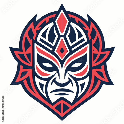 Create a vector graphic of a symmetrical mask with a bold, black stroke.  The mask should have a stylized, geometric design.