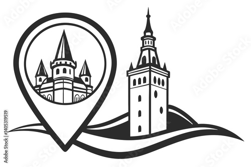 Vector illustration of a medieval church and castle, showcasing old architecture with a tower in a fantasy town silhouette a map location pin icon in house
