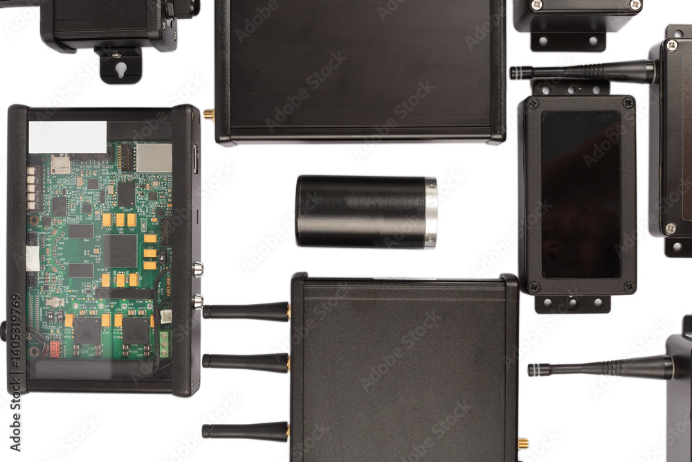 Modern electronic circuits on a white background, a set of various devices