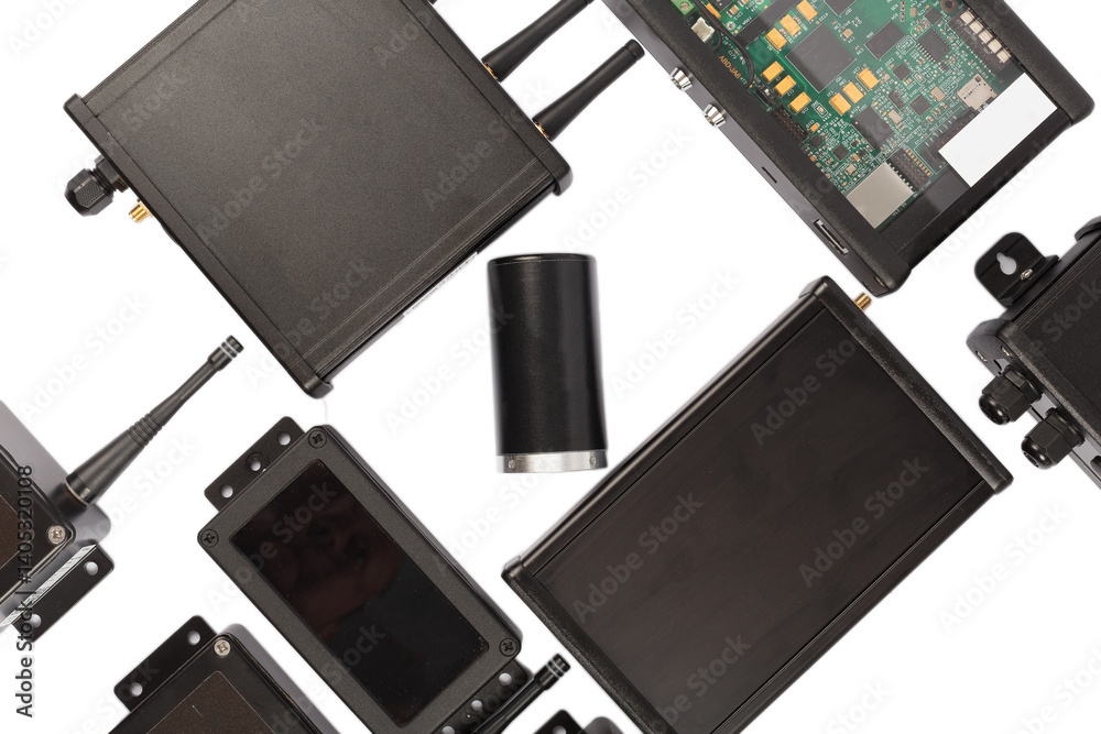 Modern electronic circuits on a white background, a set of various devices