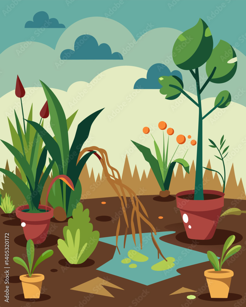 Obraz premium A neglected garden of wilted plants a result of careless watering and neglect.. Vector illustration