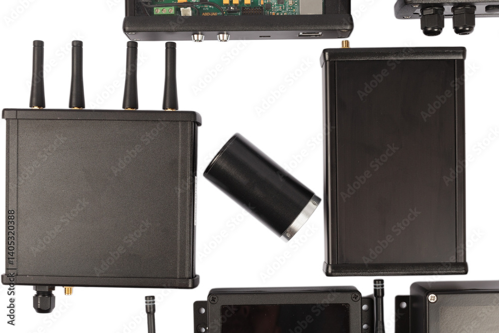 Modern electronic circuits on a white background, a set of various devices