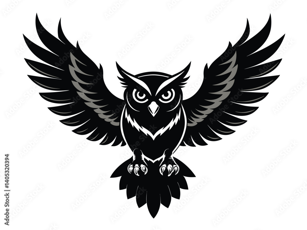 Obraz premium Vector illustration of an isolated eagle owl, a bird with wings, featuring a black silhouette design