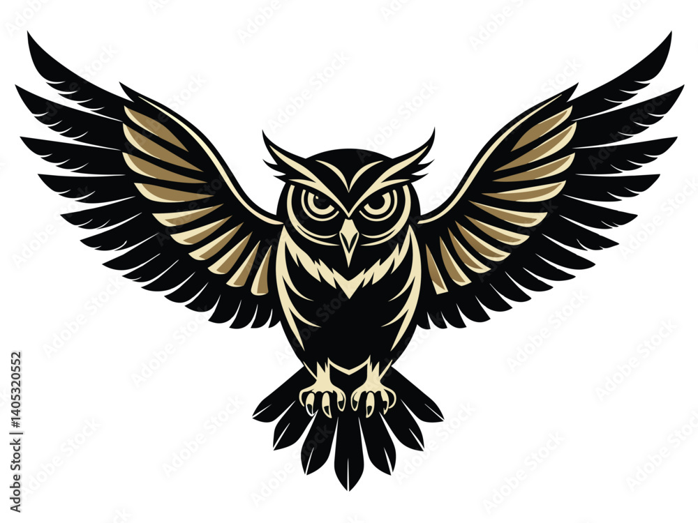 Obraz premium Vector illustration shows a black silhouette design of a flying eagle owl, a majestic bird with wings spread in flight, a symbol of nature and a tribal tattoo icon