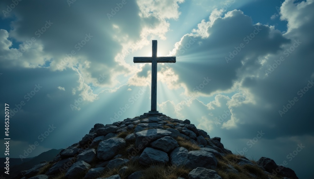 Holy Cross Symbolizing Death and Hope Mountain Summit Religious Scene Dramatic Clouds Uplifting Perspective