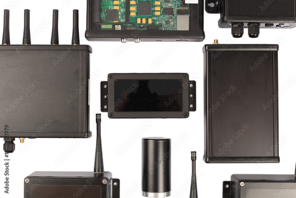 Modern electronic circuits on a white background, a set of various devices
