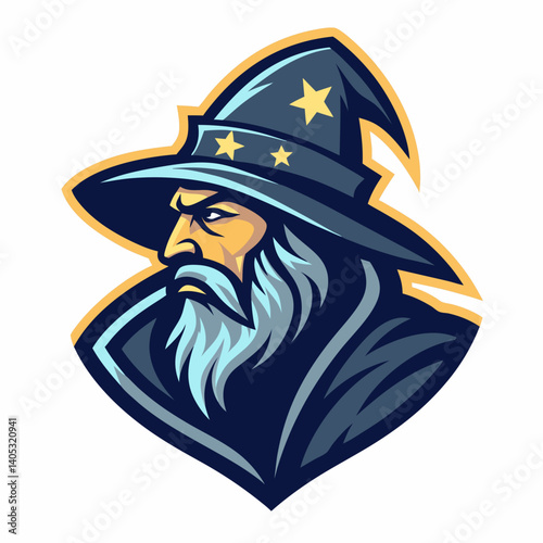 Design a vector illustration of a wizard, emphasizing bold outlines, suitable for esports branding.