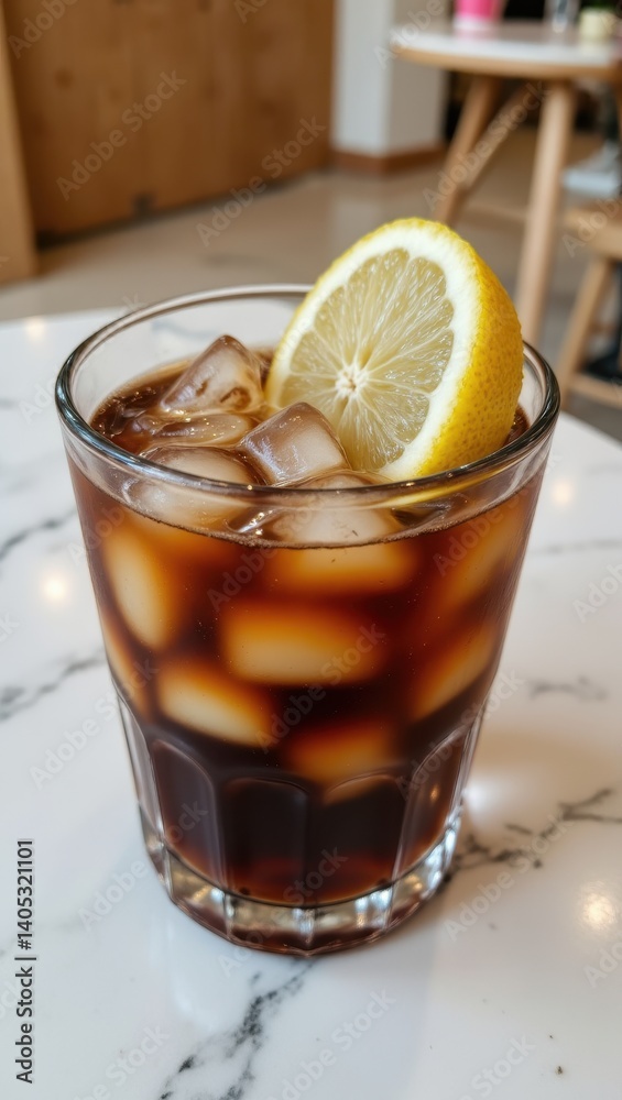 Refreshing Iced Cola Drink with Lemon Wedge Cafe Setting Beverage Photography Bright Environment Close-up View Refreshing Iced Cola Drink with Lemon Wedge Cafe Setting Beverage Photography Bright Environment Close-up View