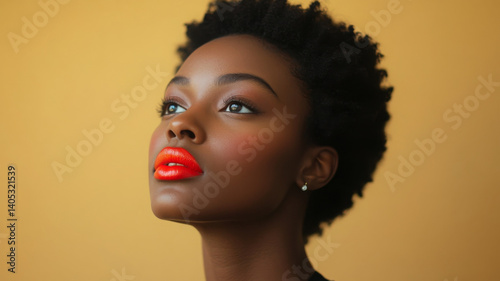 Model with playful expression gazes upward dreamily, showing off bright lipstick
