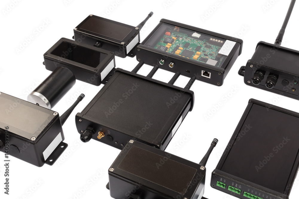 Modern electronic circuits on a white background, a set of various devices