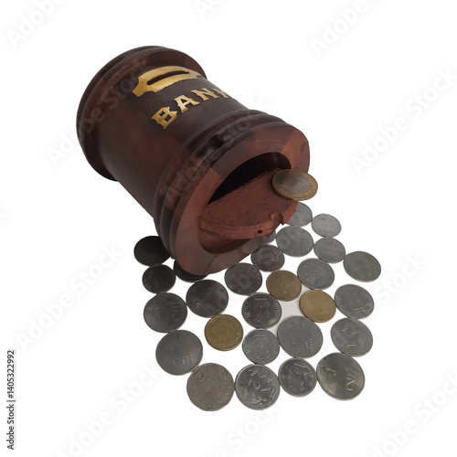 Wooden piggy bank for kids on a plain white background.