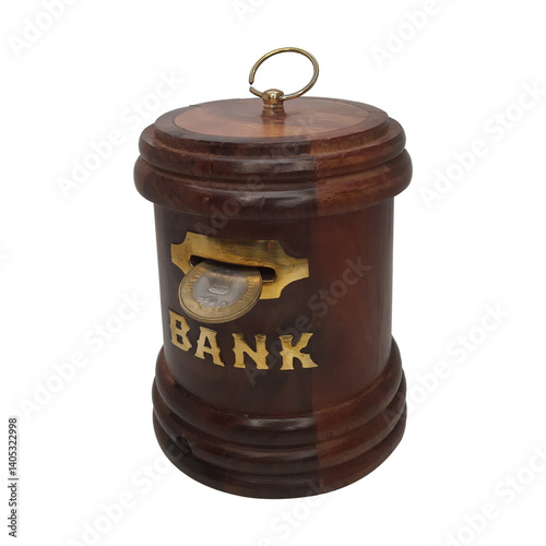 Wooden piggy bank for kids on a plain white background.