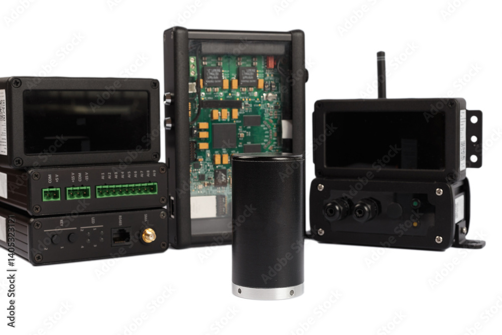 Modern electronic circuits on a white background, a set of various devices