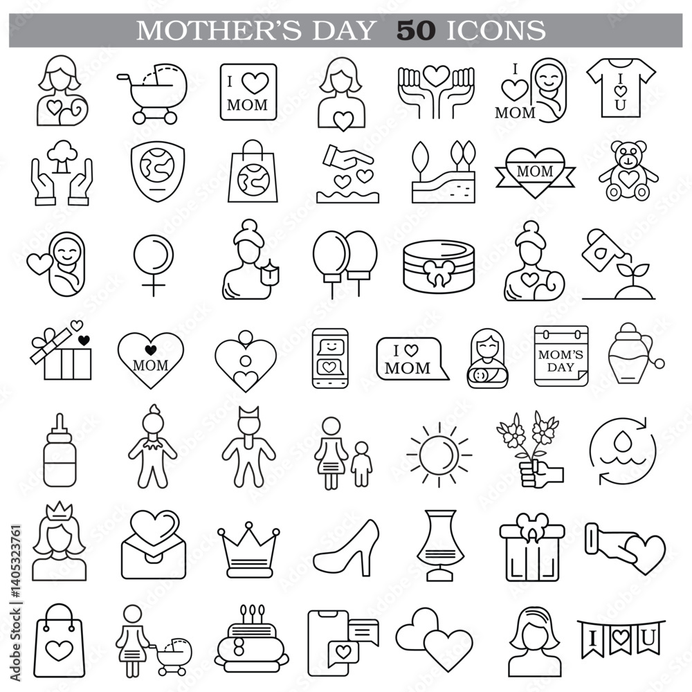 Art & Illustration A collection of minimalistic line icons themed around Mother's Day, Mother's Day Line Icons Set Art & Illustration A collection of minimalistic line icons themed around Mother's Day, Mother's Day Line Icons Set