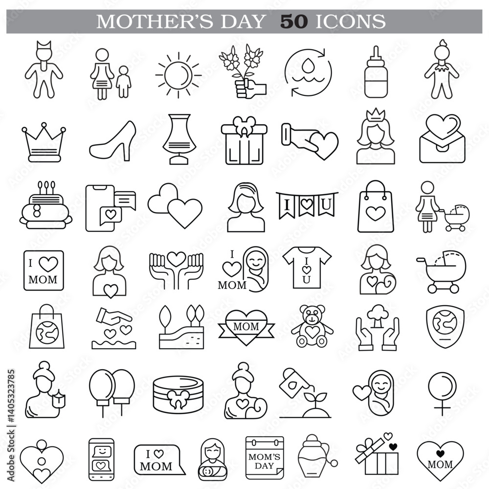 custom made wallpaper toronto digitalArt & Illustration A collection of minimalistic line icons themed around Mother's Day, Mother's Day Line Icons Set