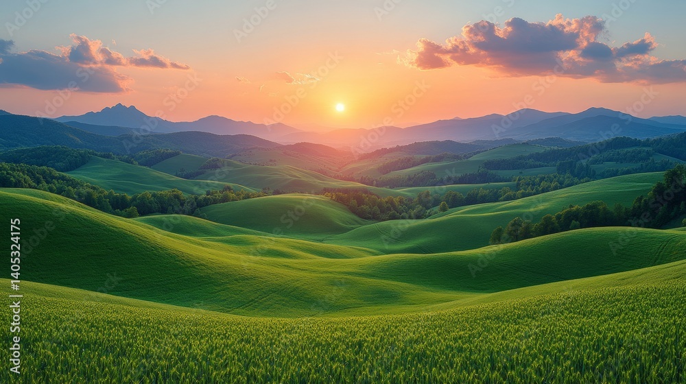 Naklejka premium Vibrant sunset over rolling green hills and mountains.