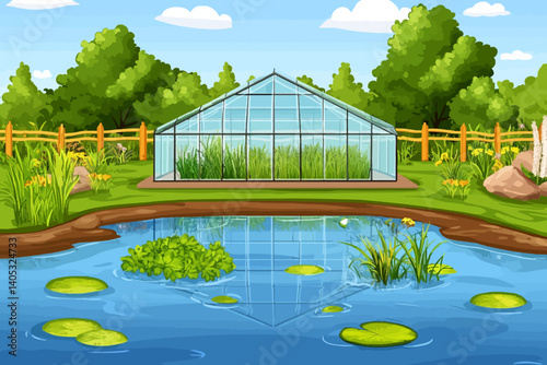 Greenhouse with pond