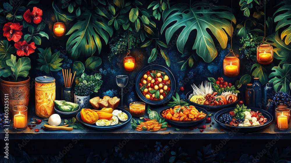 Fototapeta premium A vibrant feast showcasing a variety of dishes and ingredients amidst tropical foliage and candles