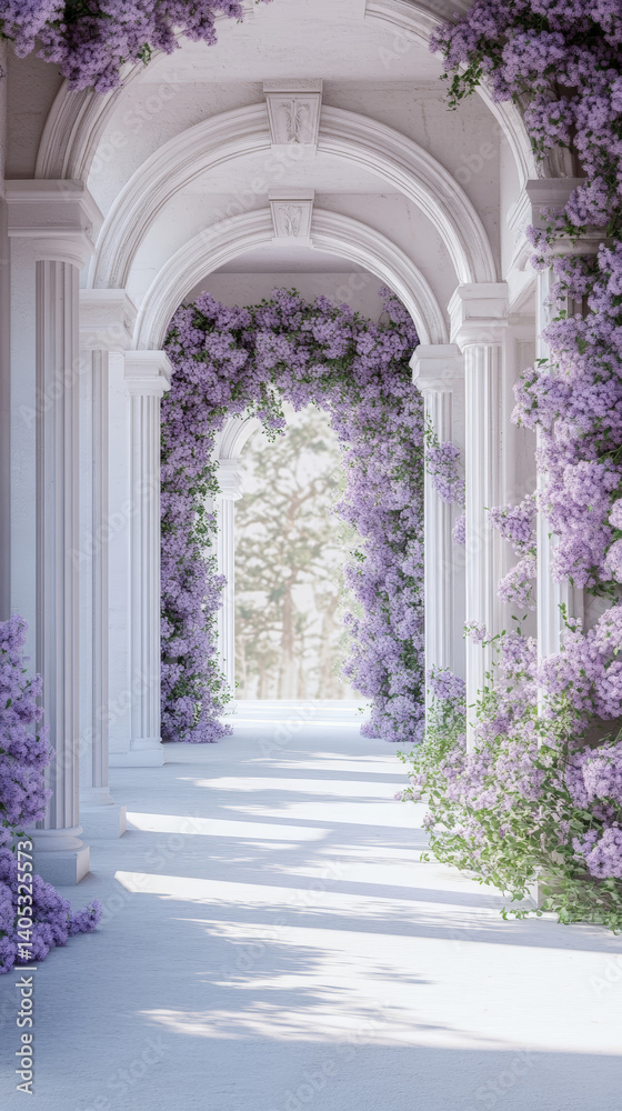 Fototapeta premium Floral Pathway With Architectural Beauty. A stunning white architectural pathway is framed by pillars and arches, adorned with vibrant purple flowers and lush greenery.
