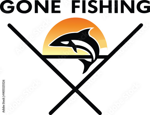 Minimalist logo design, stylized jumping fish silhouette, sunset background, crossed fishing rods, triangular composition, black and orange color scheme, "GONE FISHING" text, bold typography, high con