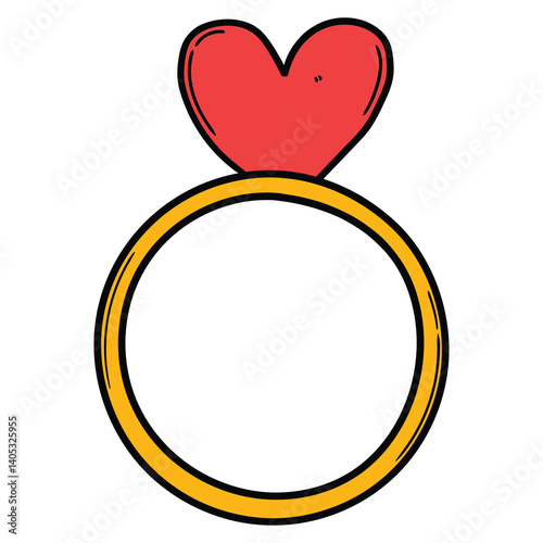 Hand drawn cartoon golden ring with heart on white background.