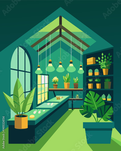 The plants interior is brightly lit with energyefficient LED lights emphasizing the importance of ecoconscious practices.. Vector illustration