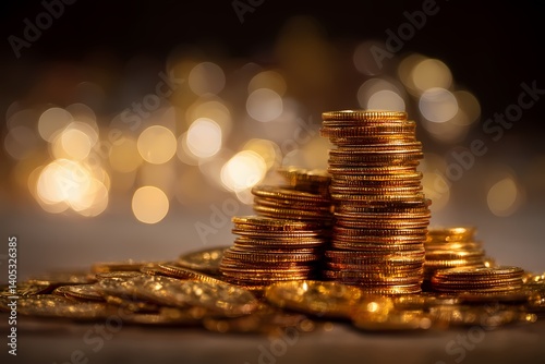 A pile of golden coins with a bokeh effect in the background, symbolizing fortune and the potential for success in financial markets.