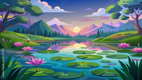 A peaceful lake landscape fully covered with blooming water lilies



