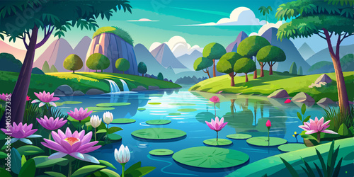 A peaceful lake landscape fully covered with blooming water lilies



