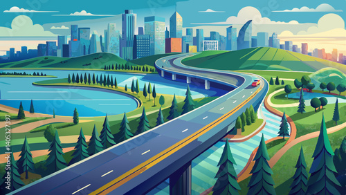 Aerial View of Highway with Lake Garden and City Skyline – Scenic Landscape Background