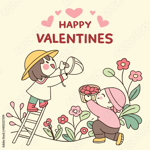 Cute cartoon characters celebrating Valentine's Day with flowers and a gift basket