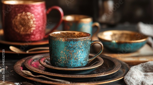 Rustic, ornate ceramic cups and plates
