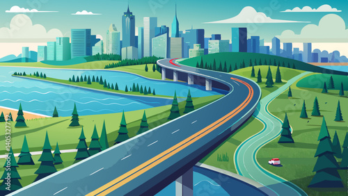 Aerial View of Highway with Lake Garden and City Skyline – Scenic Landscape Background