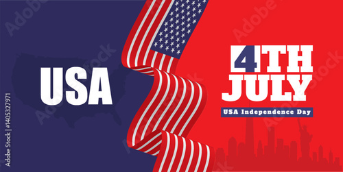 4th of July independence day with USA map, waving US flag ribbon, and American City skyline including statue of liberty. Patriotic design for American Independence Day celebration. 