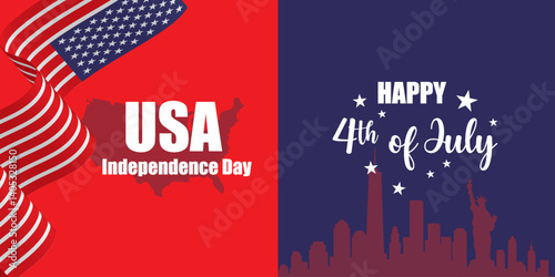 4th of July independence day with USA map, waving US flag ribbon, and American City skyline including statue of liberty. Patriotic design for American Independence Day celebration.  