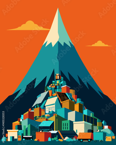 A towering mountain of surplus goods looming over a town like a reminder of the rampant overproduction in consumer culture.. Vector illustration