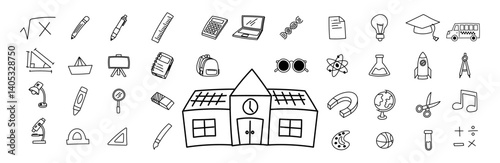 doodle school icon hand drawing sketch bundle back to school