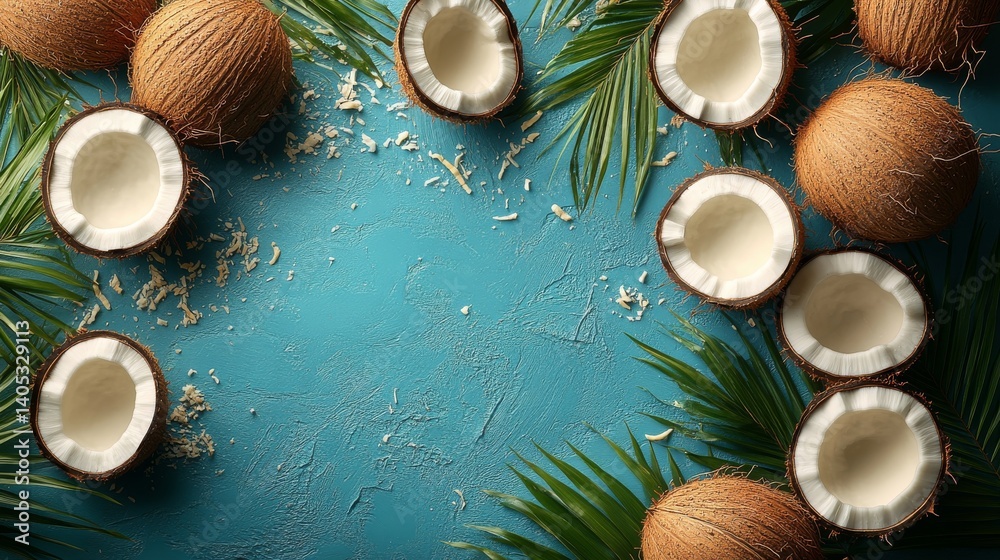 Tropical coconuts and palm leaves on blue background. Tropical coconuts and palm leaves on blue background.