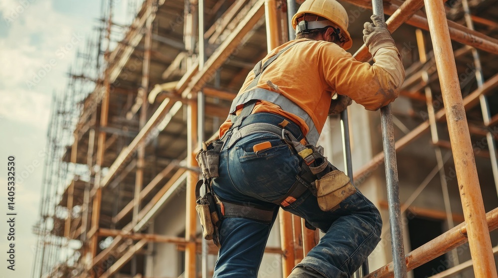 Construction worker setting up scaffolding for a building project. Featuring teamwork and organization Construction worker setting up scaffolding for a building project. Featuring teamwork and organization
