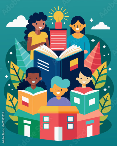 A neighborhood book club where books are borrowed and shared a members instead of buying new copies.. Vector illustration