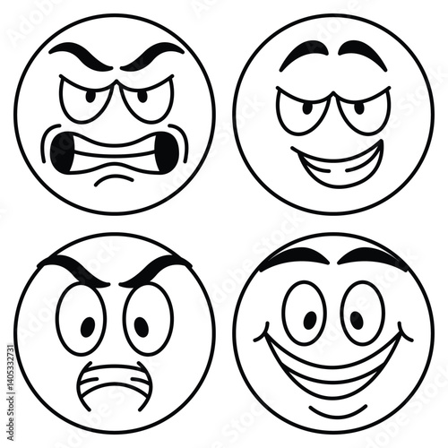 Emoticon Face Icon Set. Hand Drawn Sketch Emoji with Different Emotion and Mood