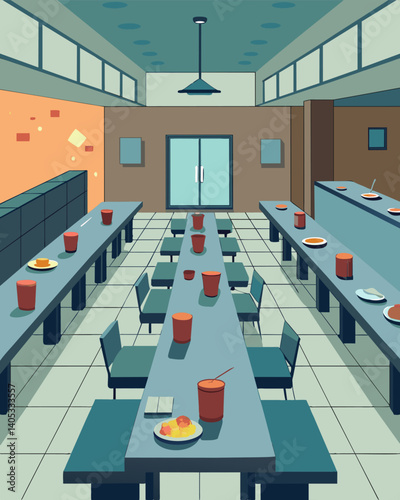 The once lively and bustling cafeteria now sat eerily empty food trays still left on the tables as if the workers had just vanished into thin air.. Vector illustration