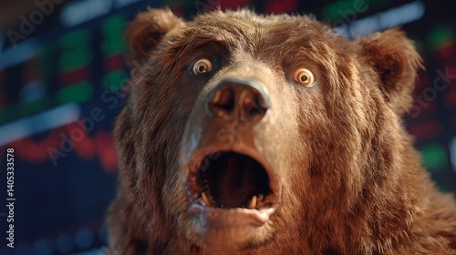 A surprised bear watching stock market gains, powerless against the bullish rise in trading prices.