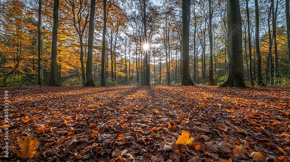 Obraz premium Autumn forest floor, sun rays
