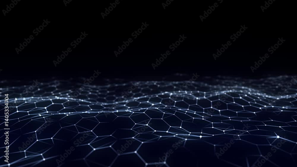 Futuristic hexagon wave. Dark cyberspace. Abstract wave with dots and line. Blue moving particles on a black background. 3d rendering.