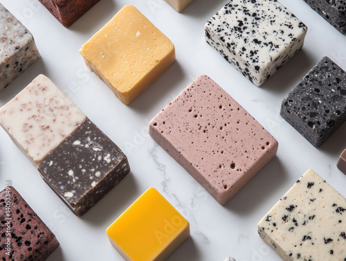 Handcrafted soap bars in various colors and textures arranged neatly on marble surface, showcasing variety of natural ingredients and artistic designs that evoke sense of luxury and care