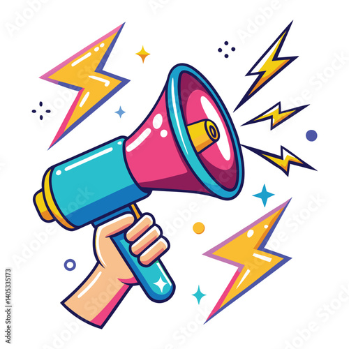 Colorful hand holding a megaphone, expressing communication and announcement
