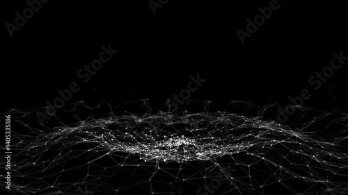 Futuristic circle wave. Dark cyberspace. Abstract music sound wave with dots. White moving particles on a black background. 3d rendering.