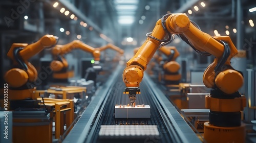 Wallpaper Mural Automation Symphony: In a futuristic factory setting, sleek robotic arms work in perfect harmony on an automated production line, symbolizing efficiency and technological prowess. Torontodigital.ca